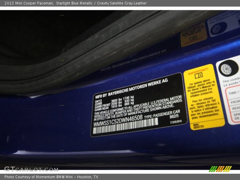 Starlight Blue Metallic / Gravity Satellite Gray Leather 2013 Mini Cooper Paceman