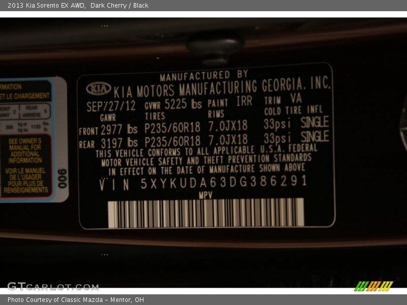 2013 Sorento EX AWD Dark Cherry Color Code IRR