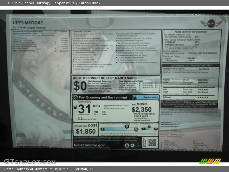 Pepper White / Carbon Black 2013 Mini Cooper Hardtop