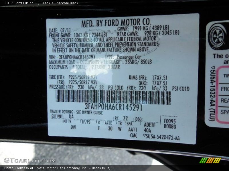 Black / Charcoal Black 2012 Ford Fusion SE
