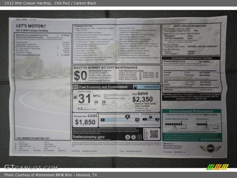 Chili Red / Carbon Black 2013 Mini Cooper Hardtop