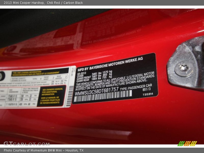 Chili Red / Carbon Black 2013 Mini Cooper Hardtop