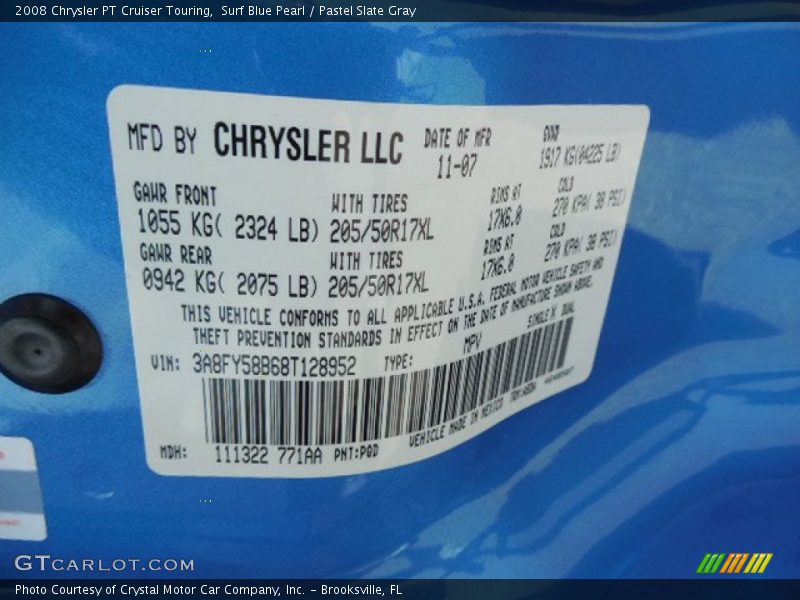 2008 PT Cruiser Touring Surf Blue Pearl Color Code PQD
