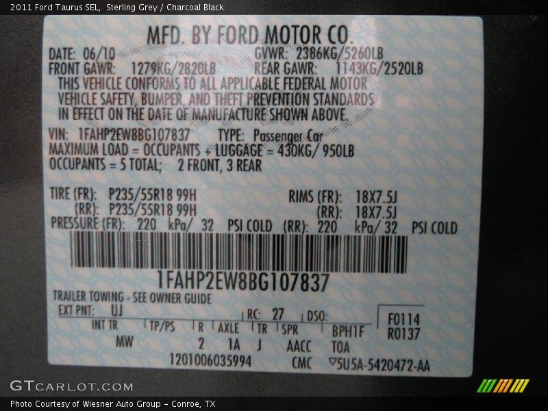 2011 Taurus SEL Sterling Grey Color Code UJ