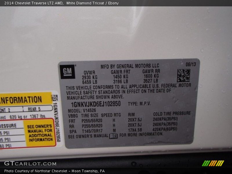 Info Tag of 2014 Traverse LTZ AWD