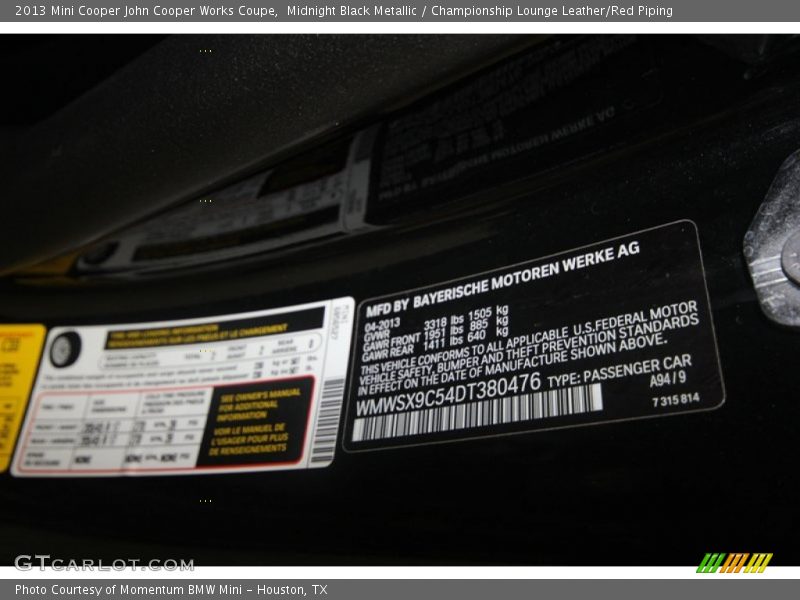 Midnight Black Metallic / Championship Lounge Leather/Red Piping 2013 Mini Cooper John Cooper Works Coupe