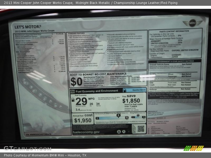  2013 Cooper John Cooper Works Coupe Window Sticker