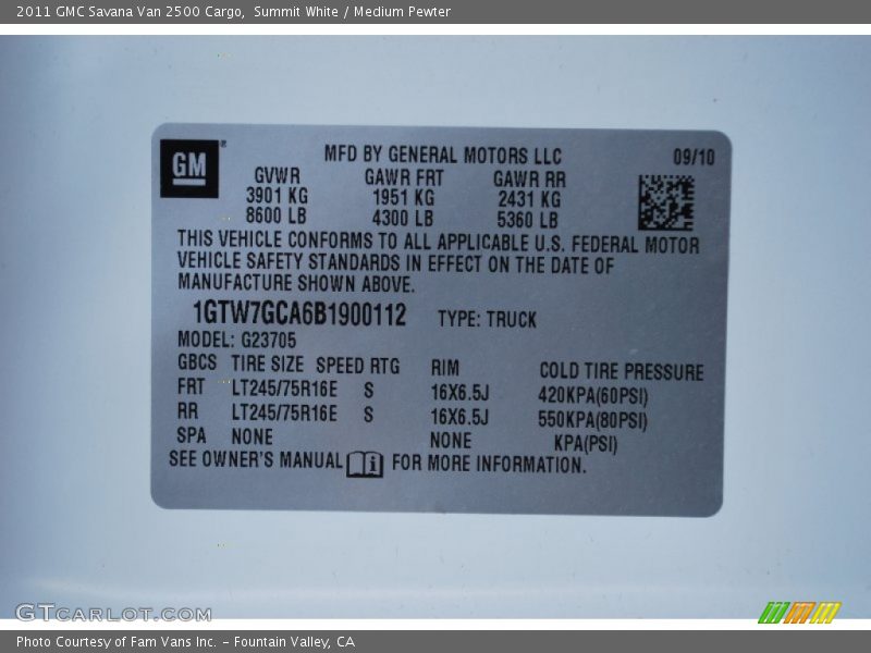 Summit White / Medium Pewter 2011 GMC Savana Van 2500 Cargo