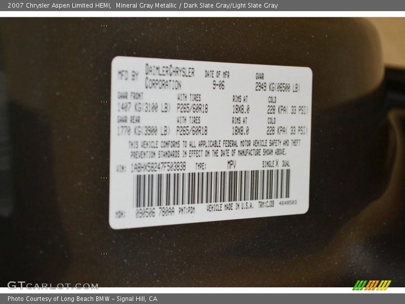 Mineral Gray Metallic / Dark Slate Gray/Light Slate Gray 2007 Chrysler Aspen Limited HEMI