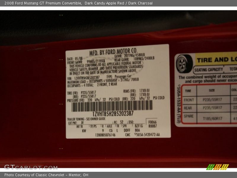 2008 Mustang GT Premium Convertible Dark Candy Apple Red Color Code JV