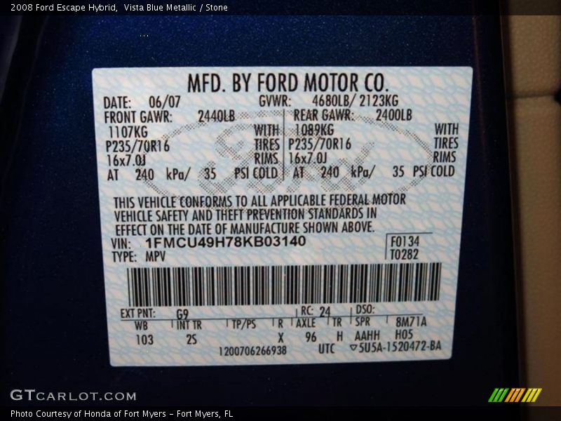 Vista Blue Metallic / Stone 2008 Ford Escape Hybrid
