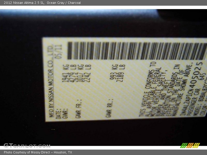 Ocean Gray / Charcoal 2012 Nissan Altima 2.5 SL
