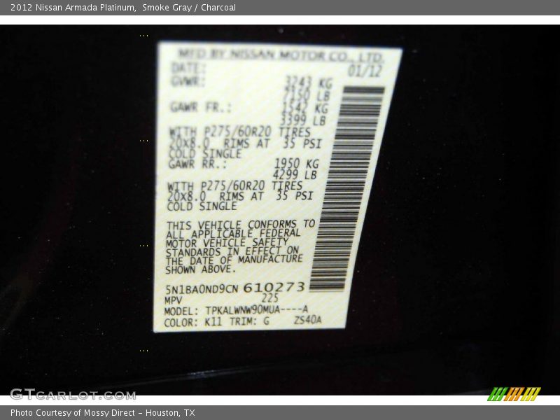 Smoke Gray / Charcoal 2012 Nissan Armada Platinum