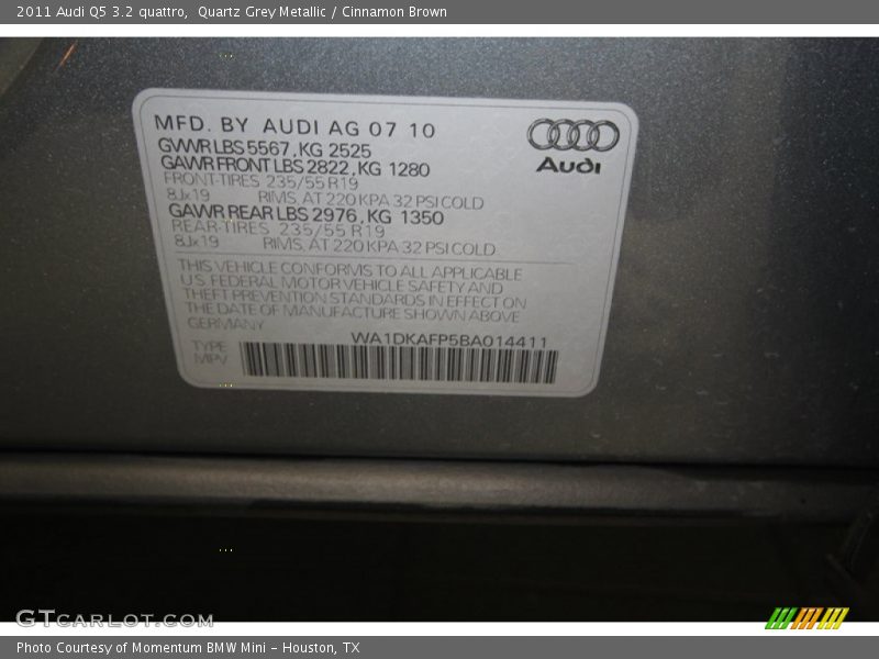 Quartz Grey Metallic / Cinnamon Brown 2011 Audi Q5 3.2 quattro