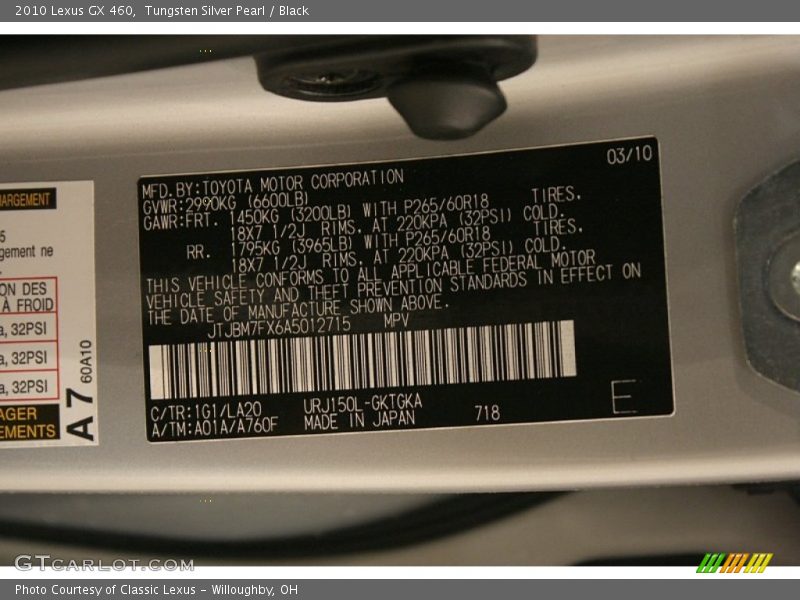 Tungsten Silver Pearl / Black 2010 Lexus GX 460
