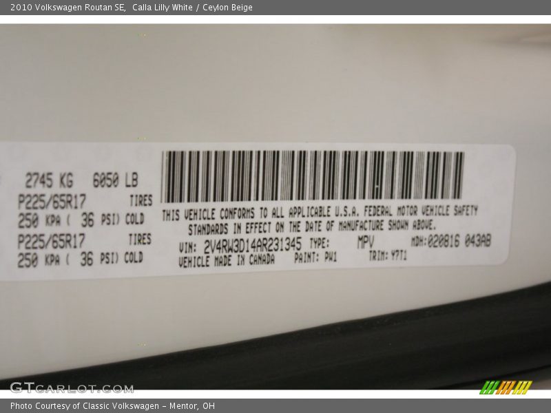 Calla Lilly White / Ceylon Beige 2010 Volkswagen Routan SE