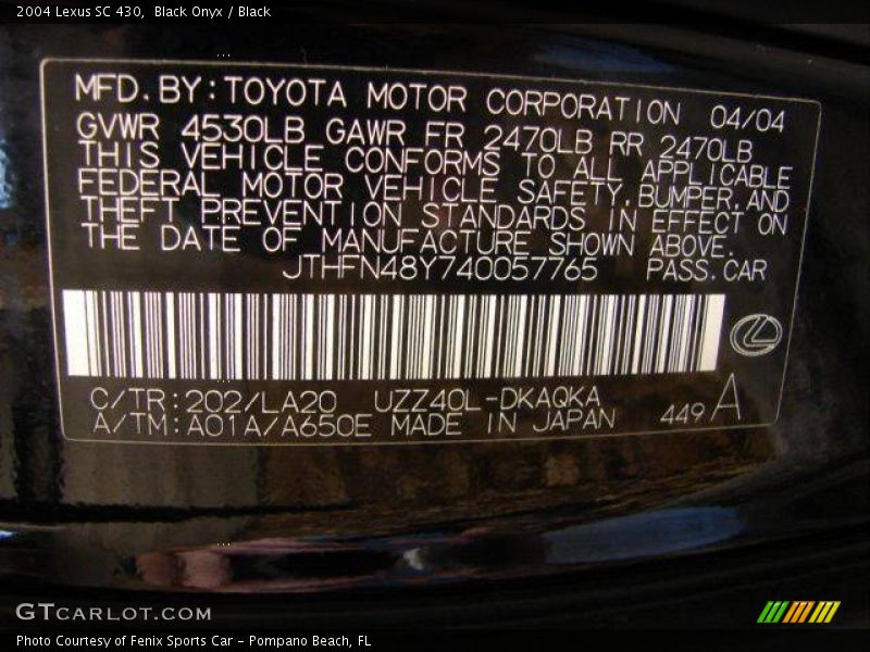 Black Onyx / Black 2004 Lexus SC 430