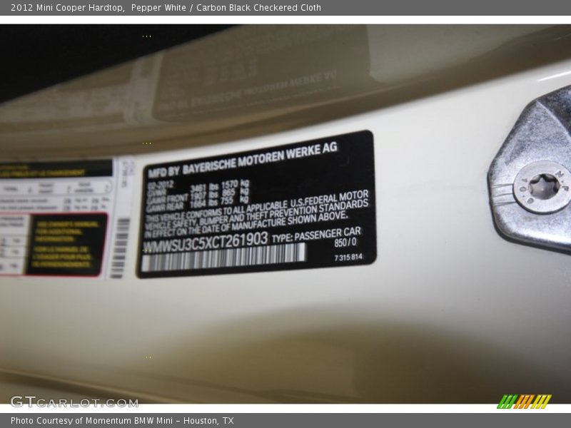 Pepper White / Carbon Black Checkered Cloth 2012 Mini Cooper Hardtop