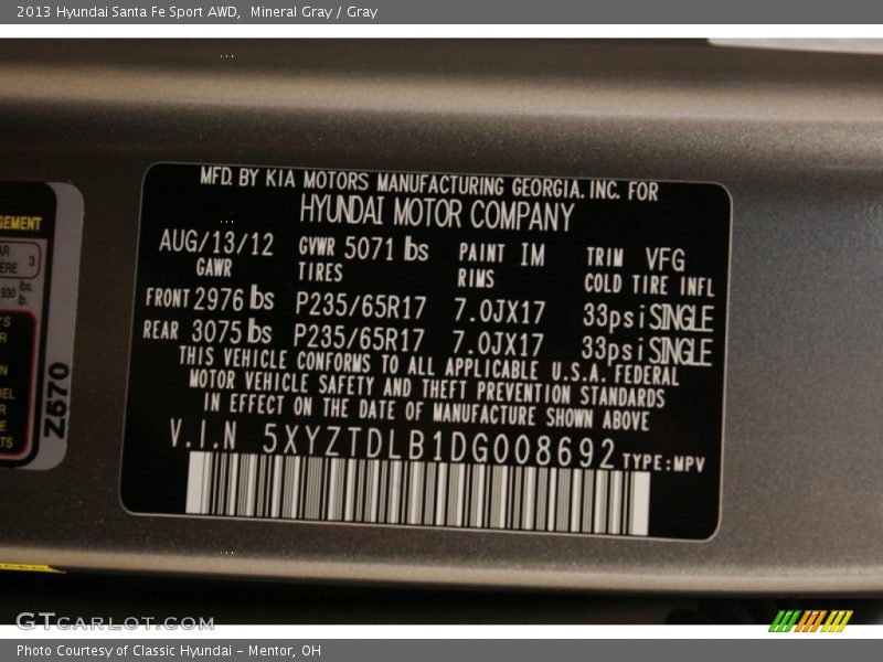 2013 Santa Fe Sport AWD Mineral Gray Color Code IM