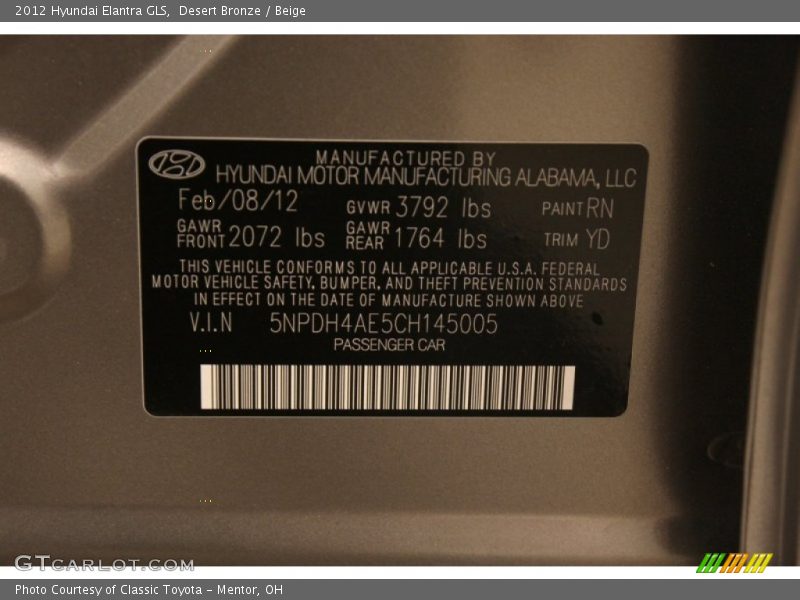 Desert Bronze / Beige 2012 Hyundai Elantra GLS