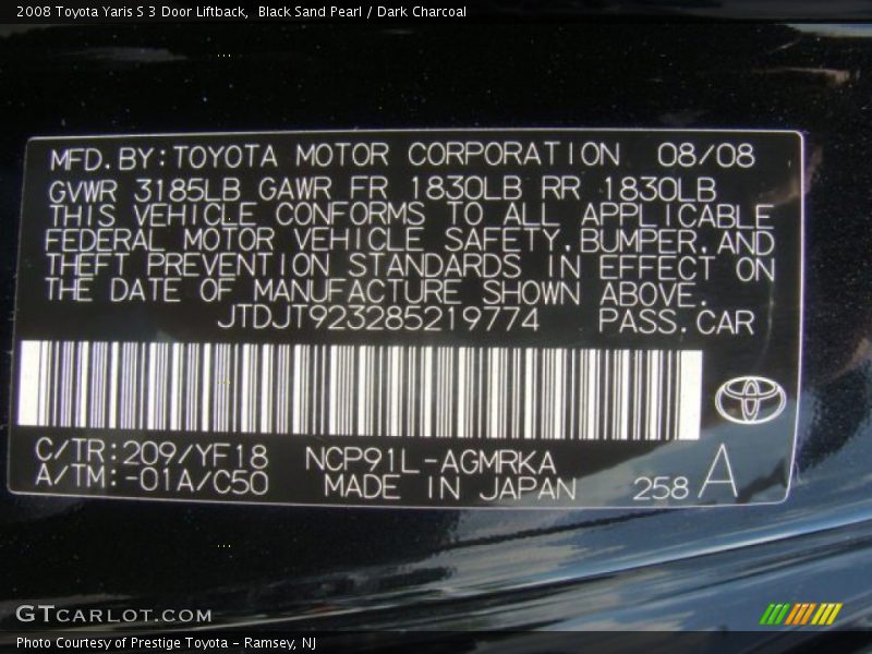 Black Sand Pearl / Dark Charcoal 2008 Toyota Yaris S 3 Door Liftback