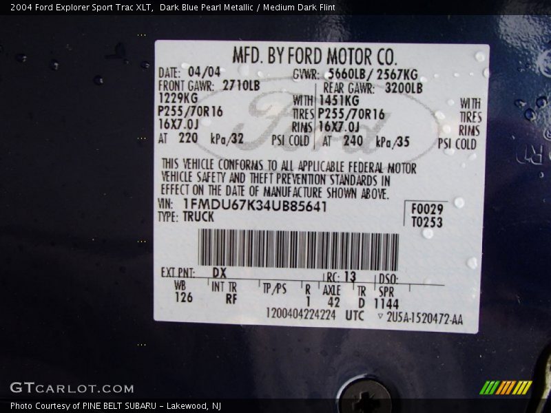 2004 Explorer Sport Trac XLT Dark Blue Pearl Metallic Color Code DX