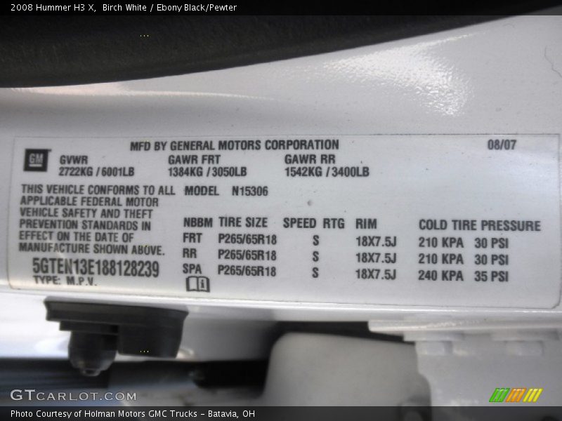 Birch White / Ebony Black/Pewter 2008 Hummer H3 X