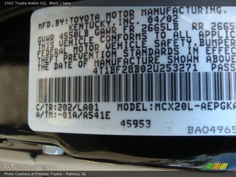 2002 Avalon XLS Black Color Code 202