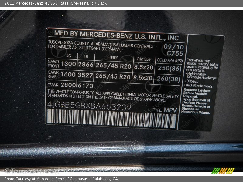 Steel Grey Metallic / Black 2011 Mercedes-Benz ML 350