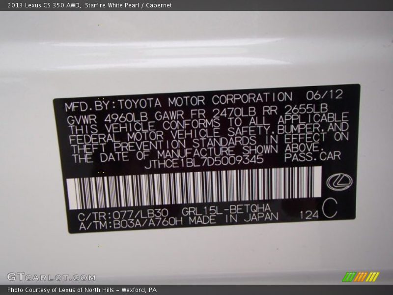 2013 GS 350 AWD Starfire White Pearl Color Code 077