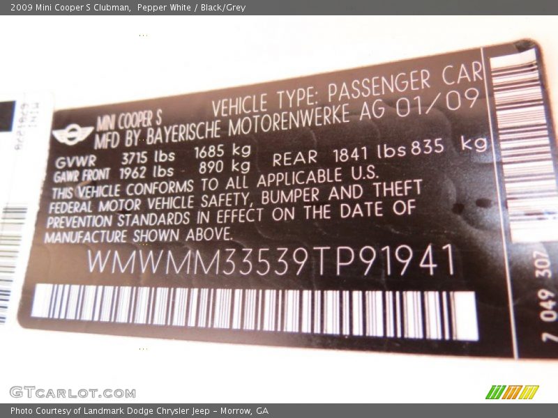 Pepper White / Black/Grey 2009 Mini Cooper S Clubman
