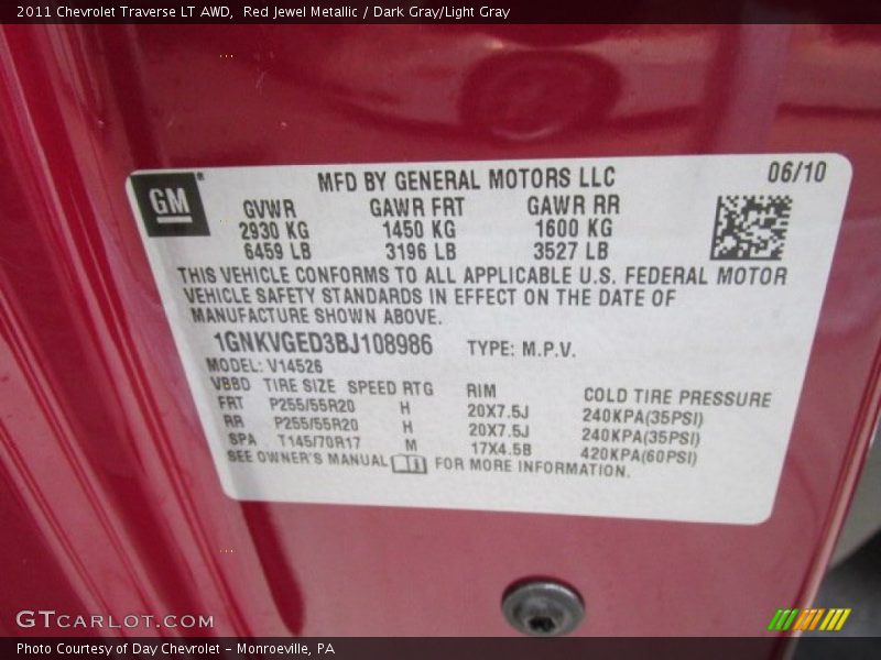 Red Jewel Metallic / Dark Gray/Light Gray 2011 Chevrolet Traverse LT AWD