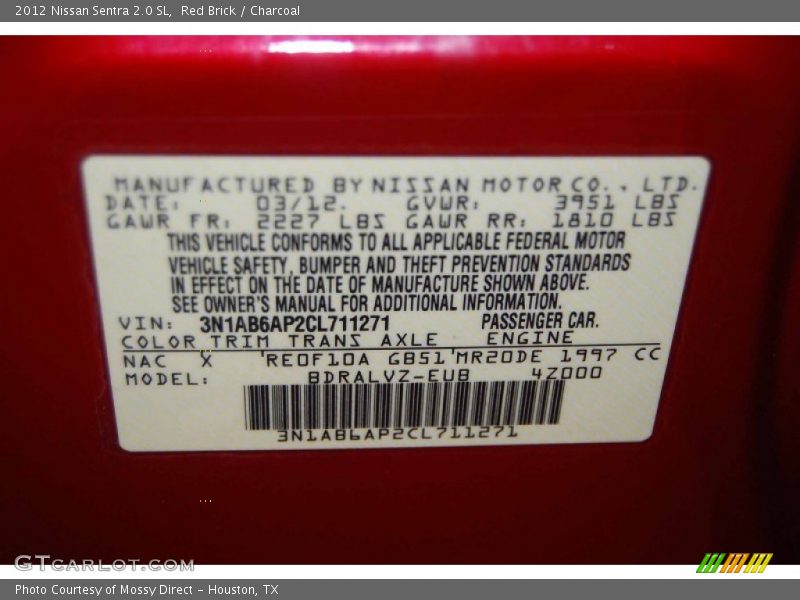 Red Brick / Charcoal 2012 Nissan Sentra 2.0 SL