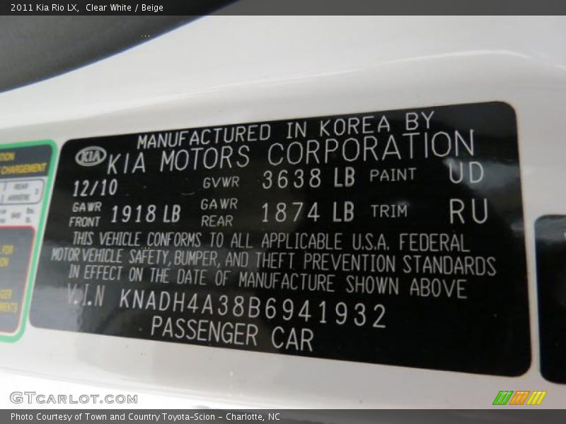 2011 Rio LX Clear White Color Code UD