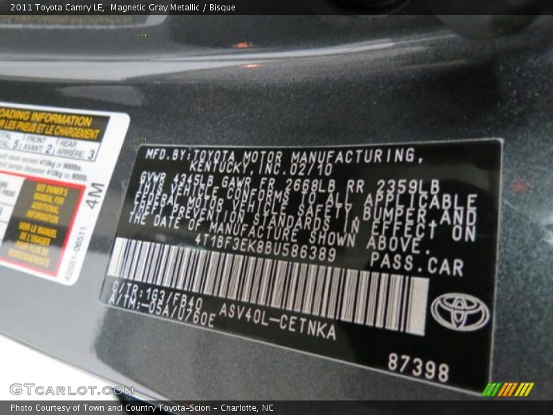 2011 Camry LE Magnetic Gray Metallic Color Code 1G3