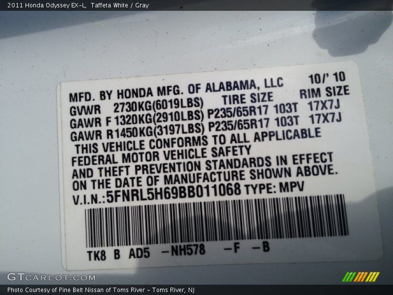 Taffeta White / Gray 2011 Honda Odyssey EX-L