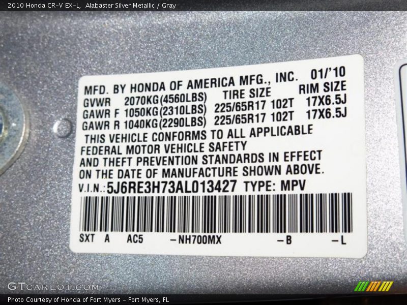 Alabaster Silver Metallic / Gray 2010 Honda CR-V EX-L