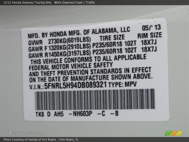 White Diamond Pearl / Truffle 2013 Honda Odyssey Touring Elite