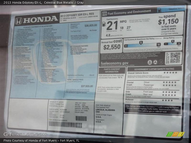 Celestial Blue Metallic / Gray 2013 Honda Odyssey EX-L