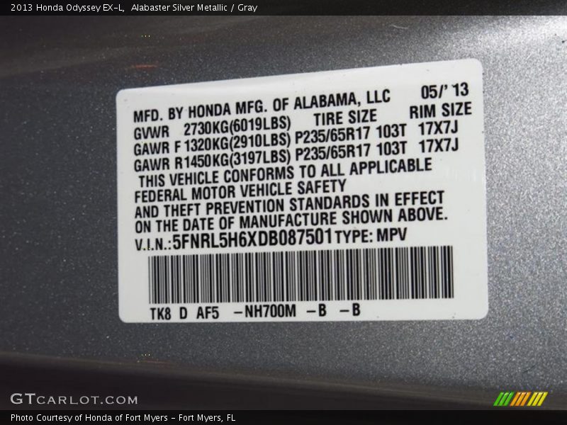Alabaster Silver Metallic / Gray 2013 Honda Odyssey EX-L