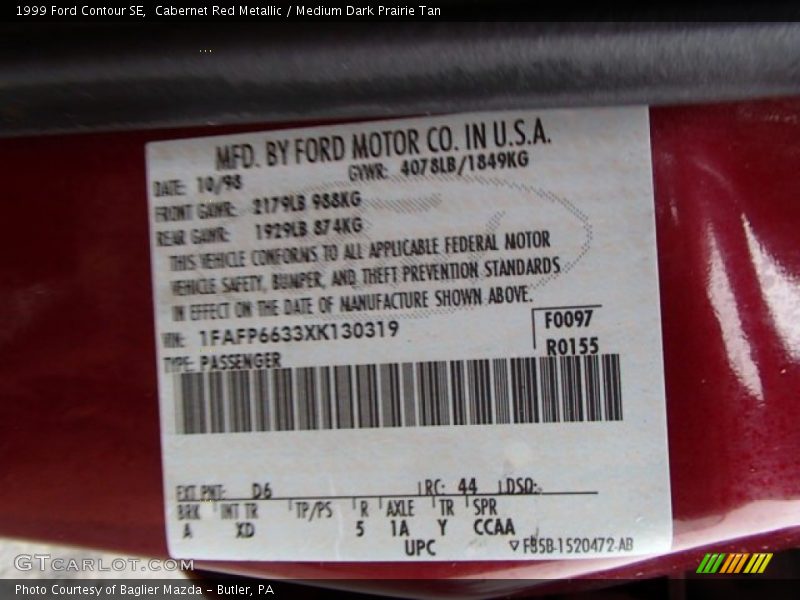 1999 Contour SE Cabernet Red Metallic Color Code D6