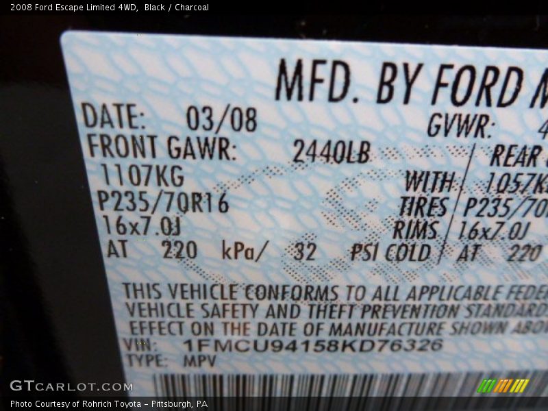 Black / Charcoal 2008 Ford Escape Limited 4WD