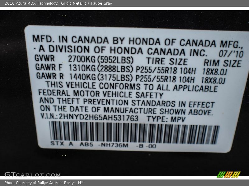 Grigio Metallic / Taupe Gray 2010 Acura MDX Technology