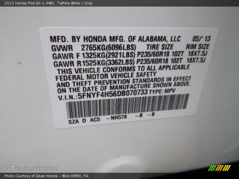 Taffeta White / Gray 2013 Honda Pilot EX-L 4WD