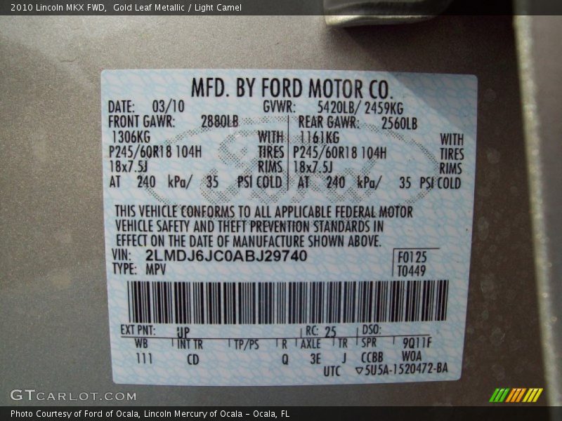Gold Leaf Metallic / Light Camel 2010 Lincoln MKX FWD