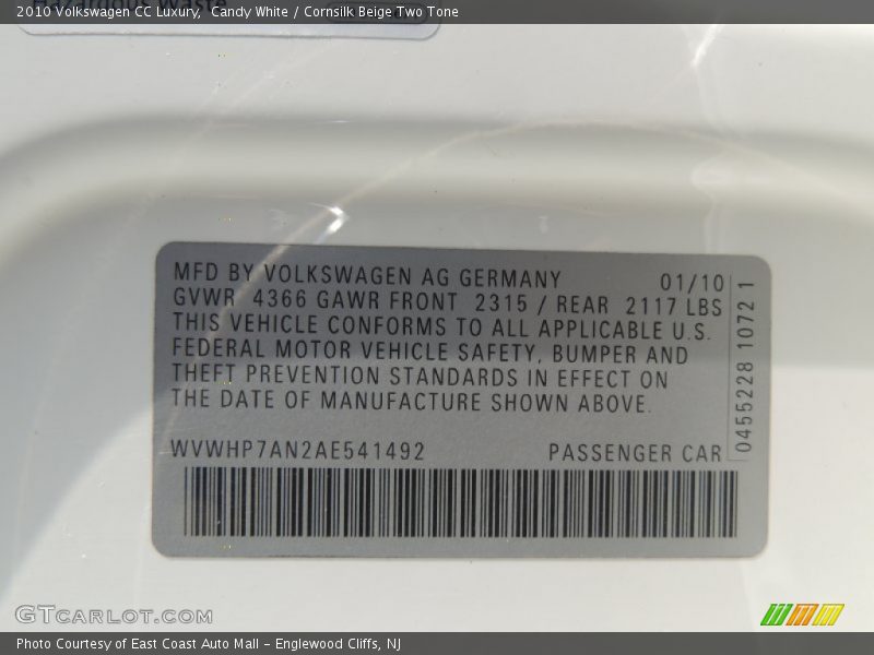 Candy White / Cornsilk Beige Two Tone 2010 Volkswagen CC Luxury