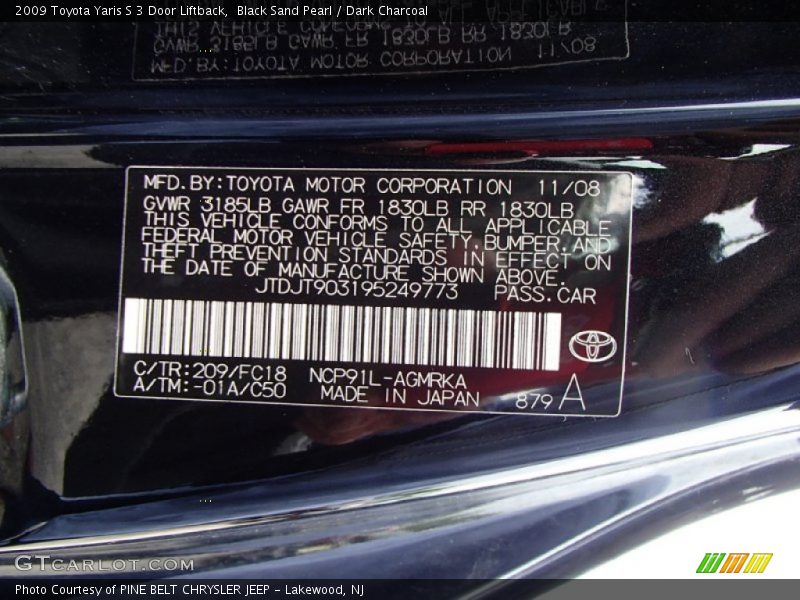 2009 Yaris S 3 Door Liftback Black Sand Pearl Color Code 209
