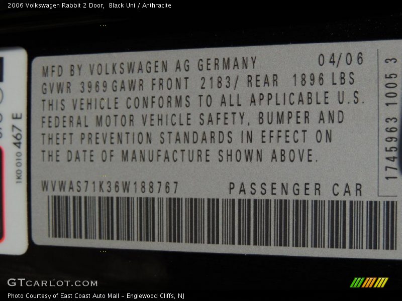 Black Uni / Anthracite 2006 Volkswagen Rabbit 2 Door