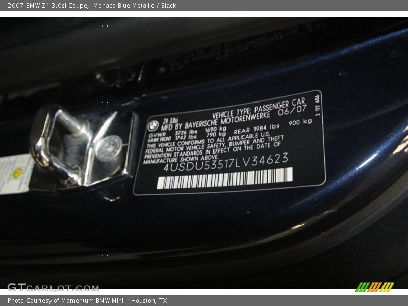 Info Tag of 2007 Z4 3.0si Coupe