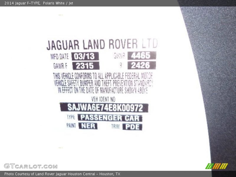 2014 F-TYPE  Polaris White Color Code NER